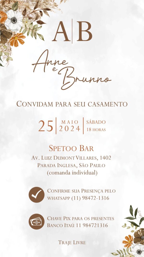 Convite Virtual para Casamento Floral Marrom