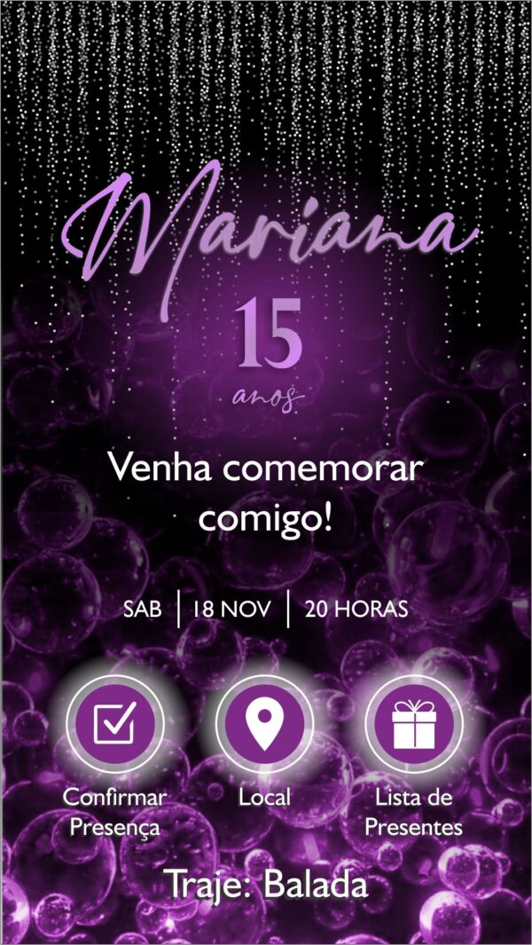 Convite Virtual para 15 anos Chuva de Gliter