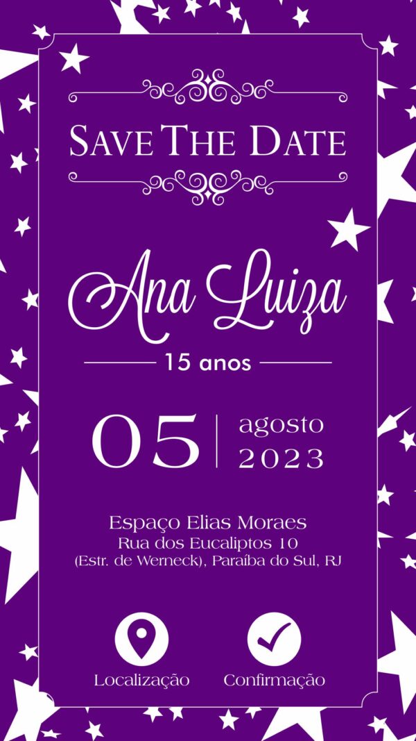 Save the Date 15 anos Lilás com Estrelas