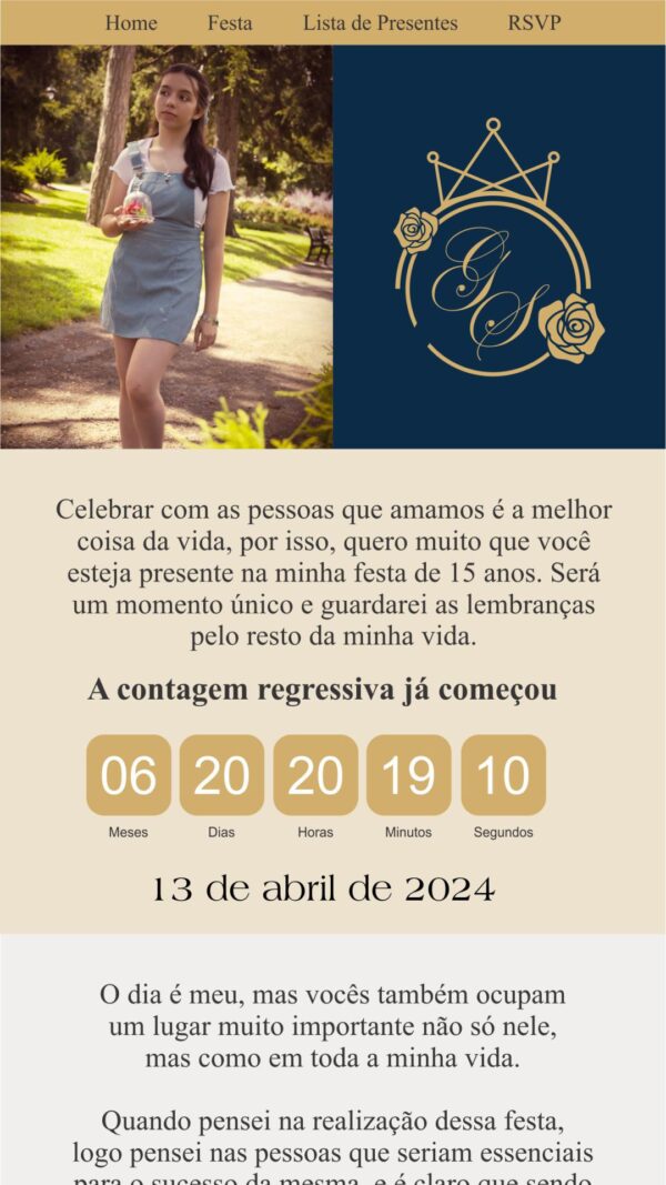 Site para 15 anos Azul e Dourado